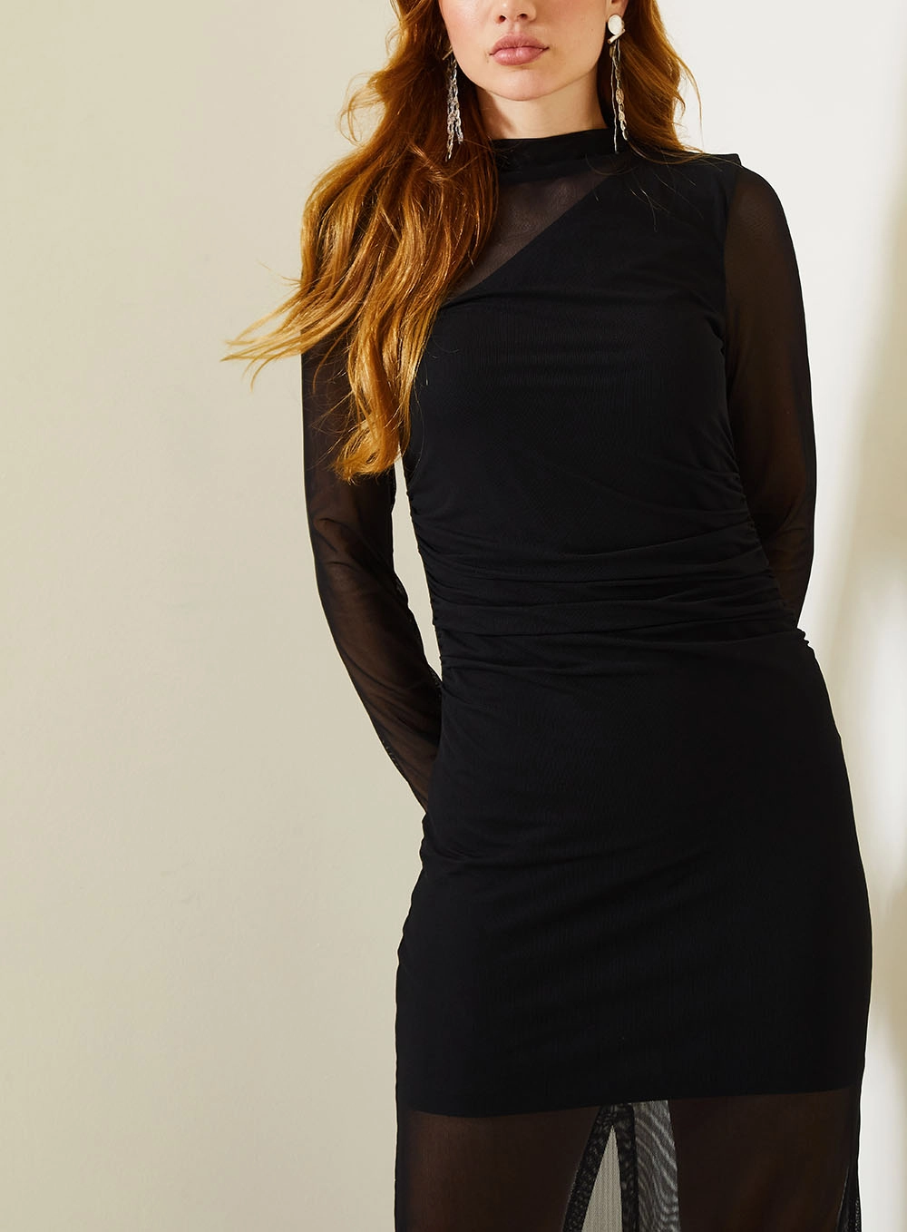 Vestido Midi Com Manga Longa Em Tule Preto 3