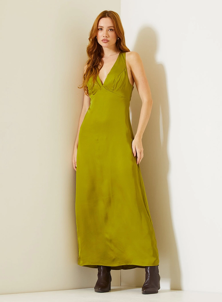 Vestido Longo Acetinado Com Transpasse Costas Verde 2