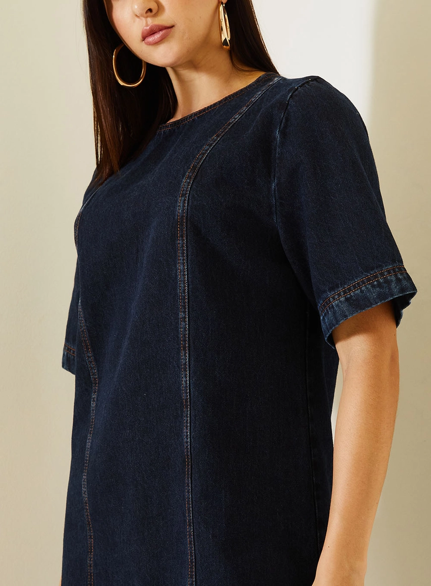 Vestido Curto Jeans Com Linhas Constrastantes Índigo 3