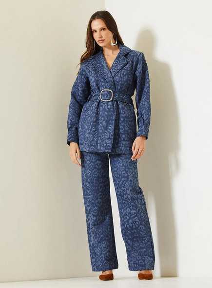 Casaco Jeans Feminino Estampado Cinto Estruturado