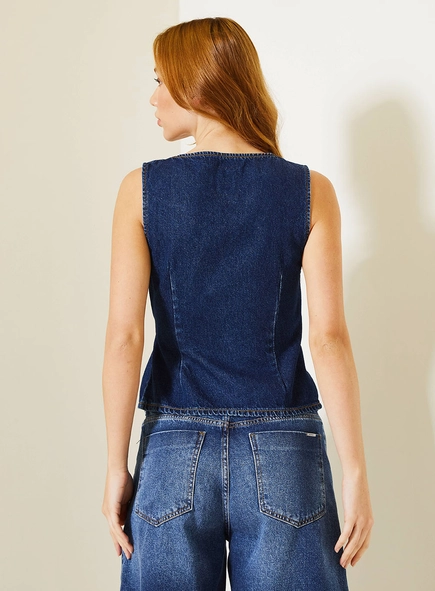 Colete Jeans Feminino Slim Com Decote V