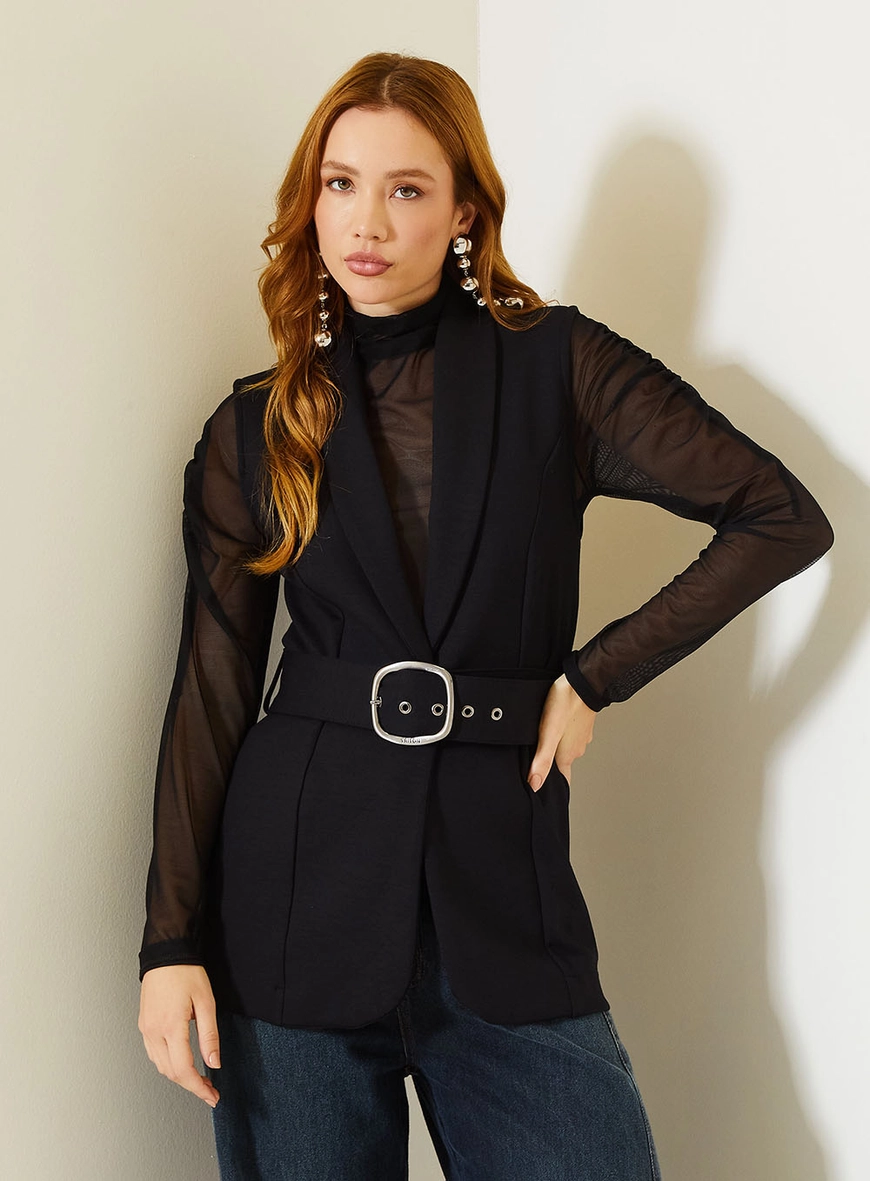 Colete Feminino Oversized Com Cinto Removível Preto 1