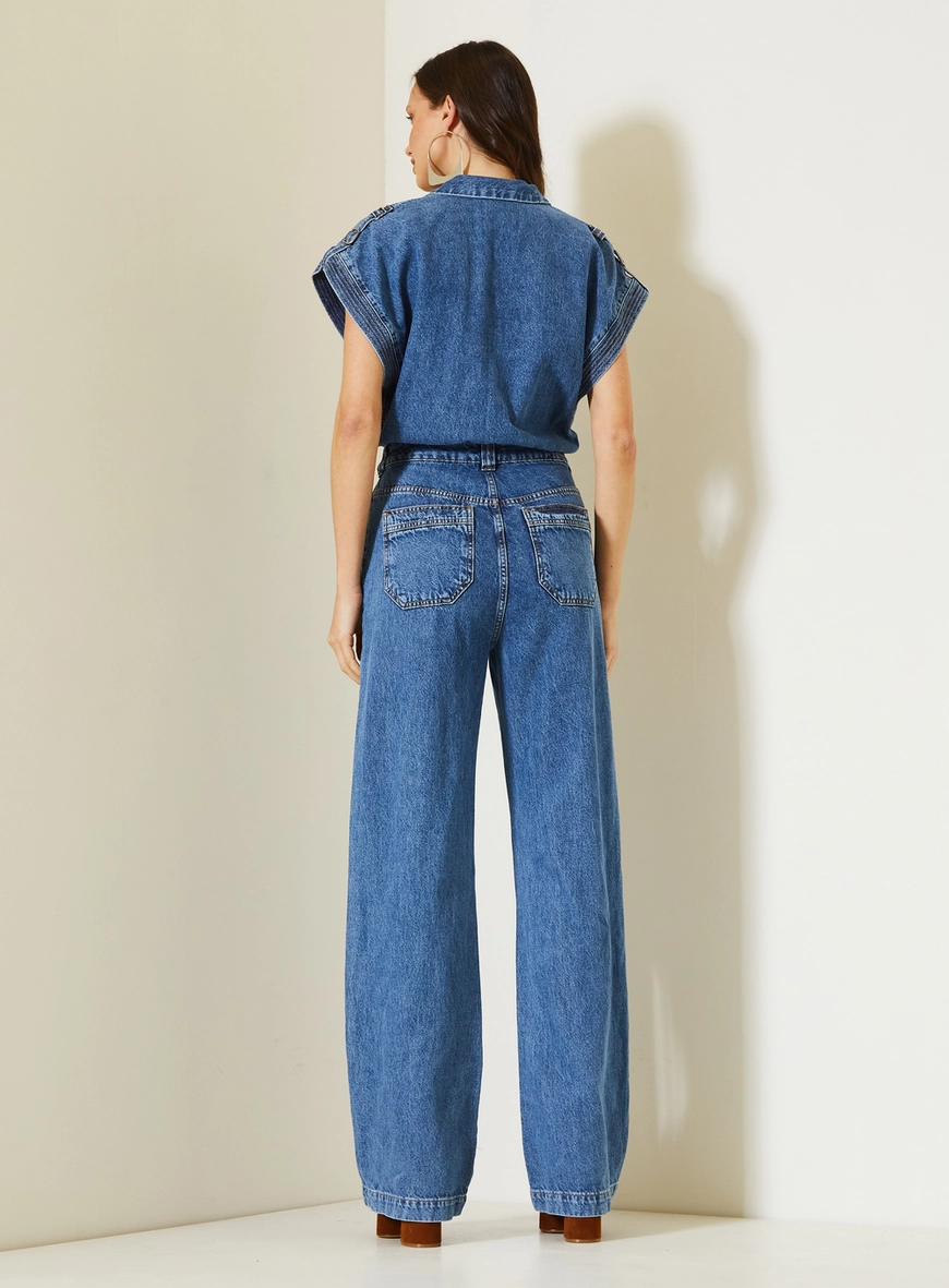 Macacão Jeans Com Mangas Amplas E Cintura Marcada Índigo 4