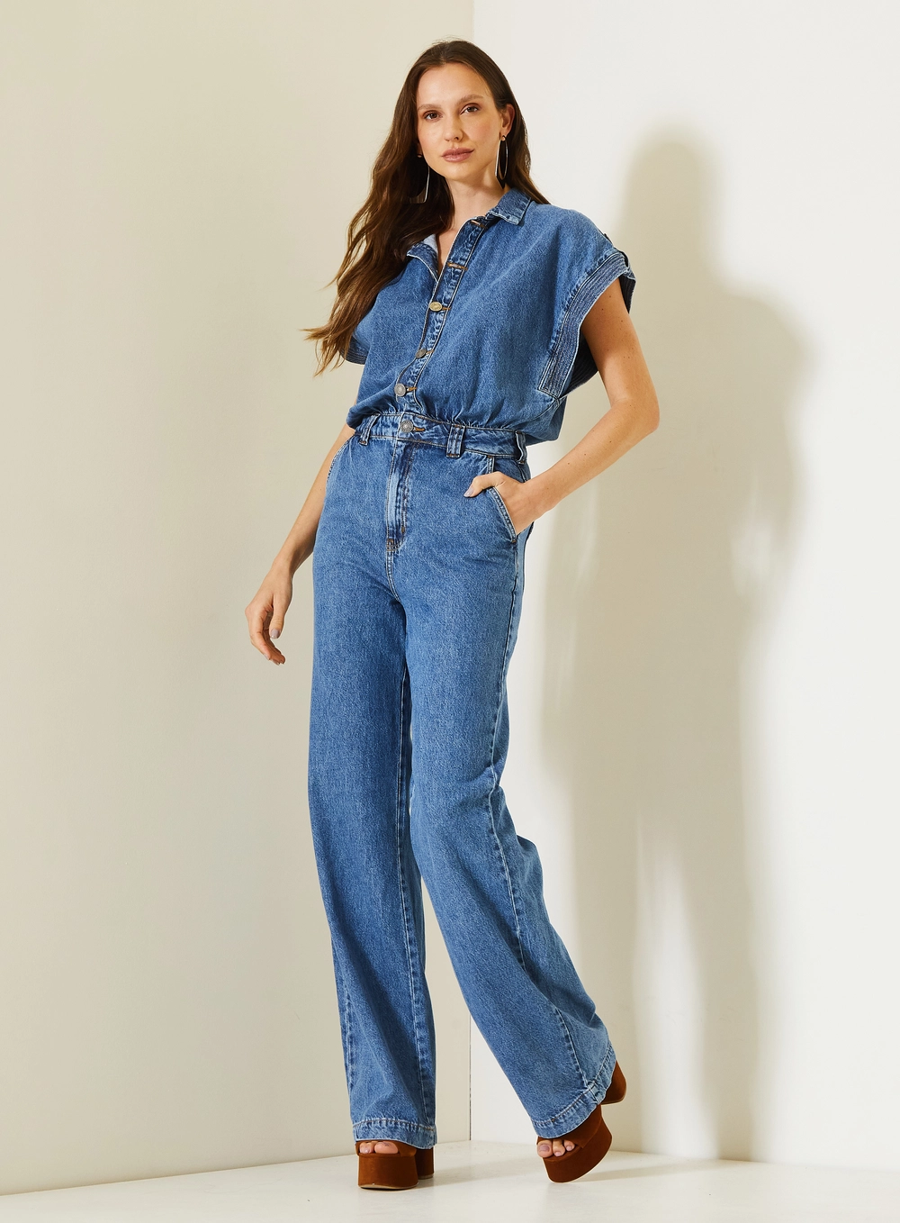Macacão Jeans Com Mangas Amplas E Cintura Marcada Índigo 1