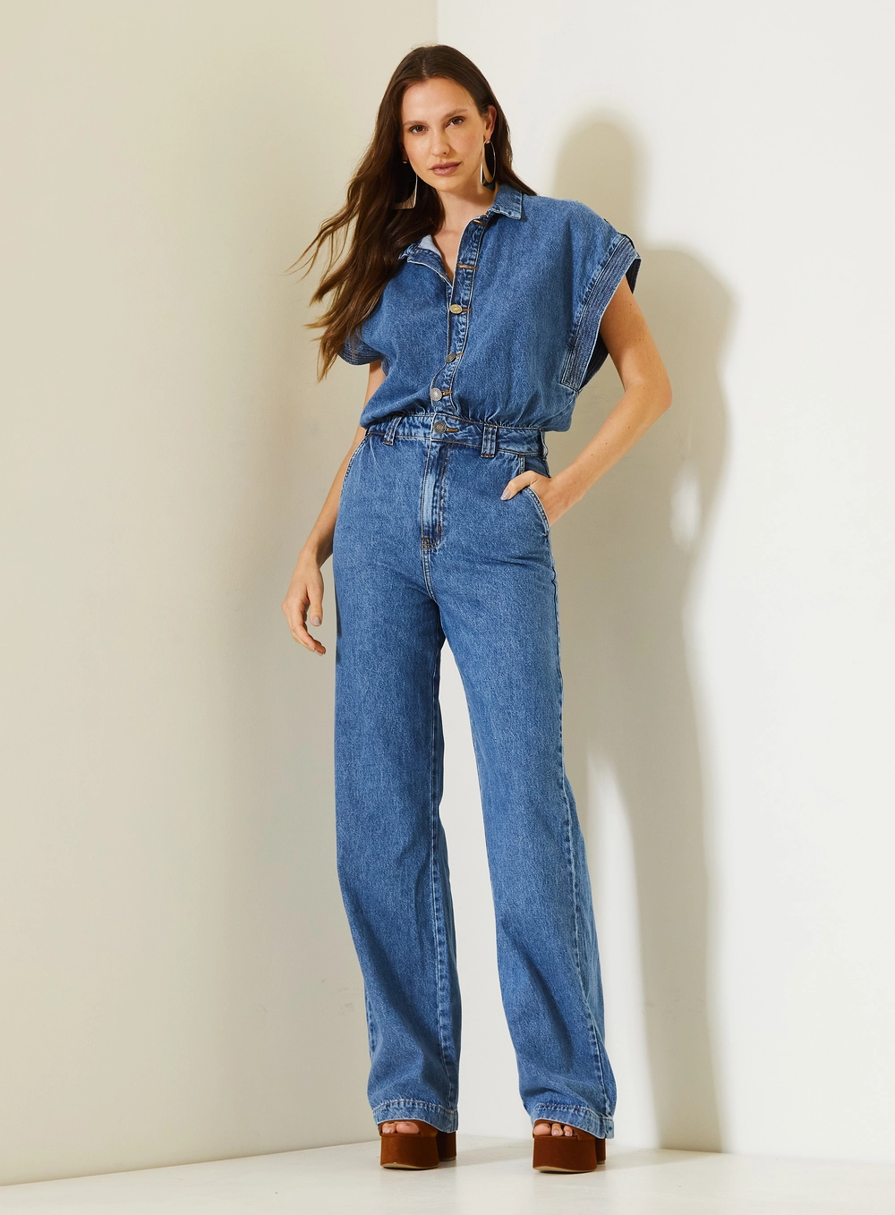 Macacão Jeans Com Mangas Amplas E Cintura Marcada Índigo 2