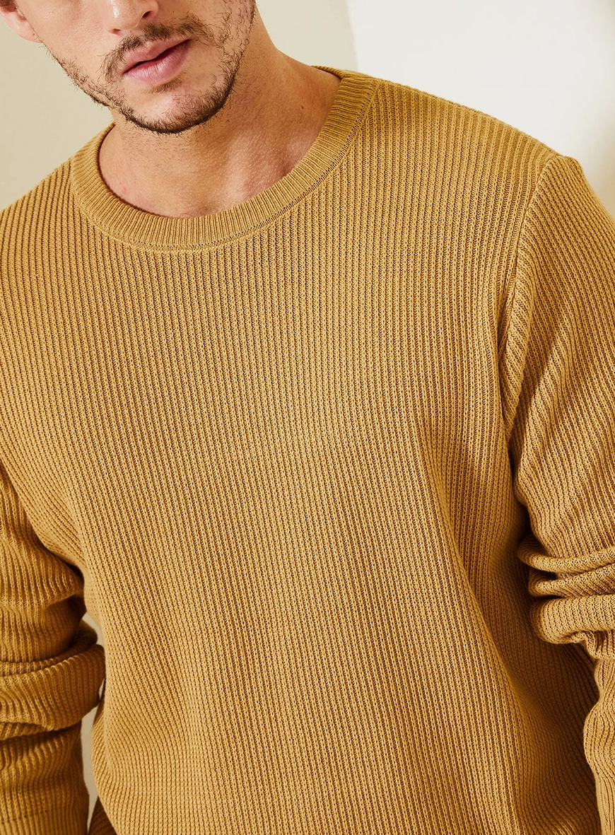 Suéter Tricô Masculino Fleece Com Gola Careca Bege 4