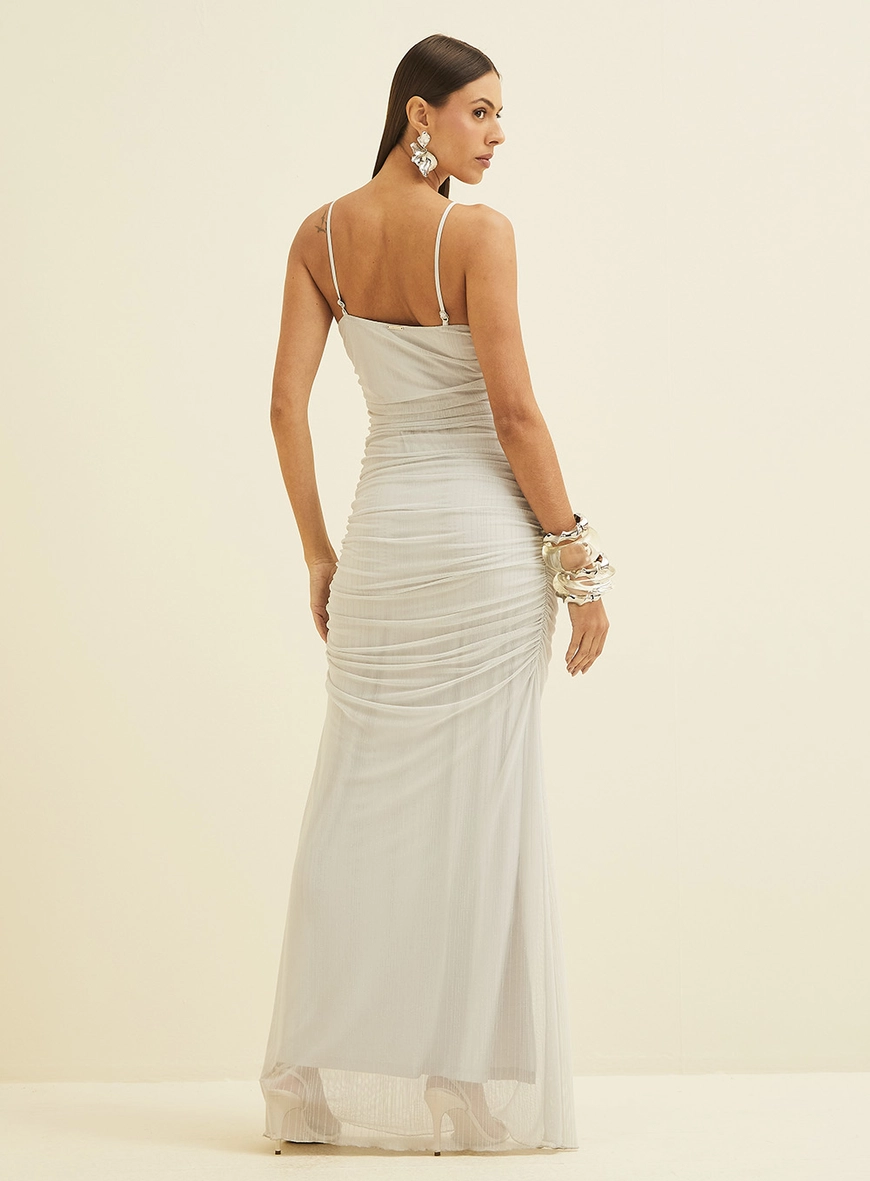 Vestido Longo Tule Metalizado Com Franzido Cinza