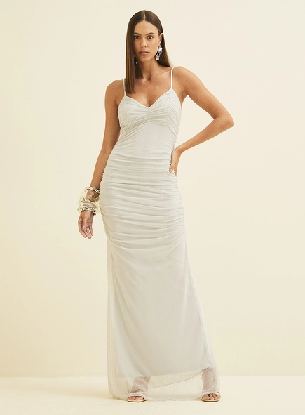Vestido Longo Tule Metalizado Com Franzido