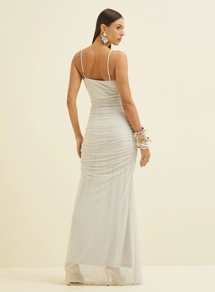 Vestido Longo Tule Metalizado Com Franzido