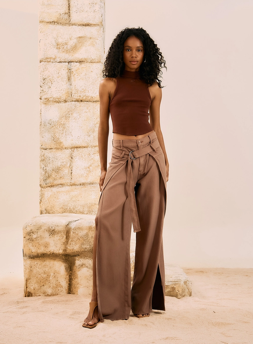 Calça Sarja Wide Leg Sarja Com Cinto Marrom 1