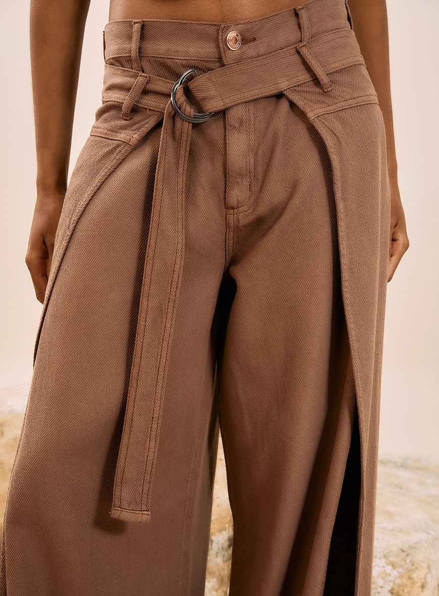 Calça Sarja Wide Leg Sarja Com Cinto Marrom 2