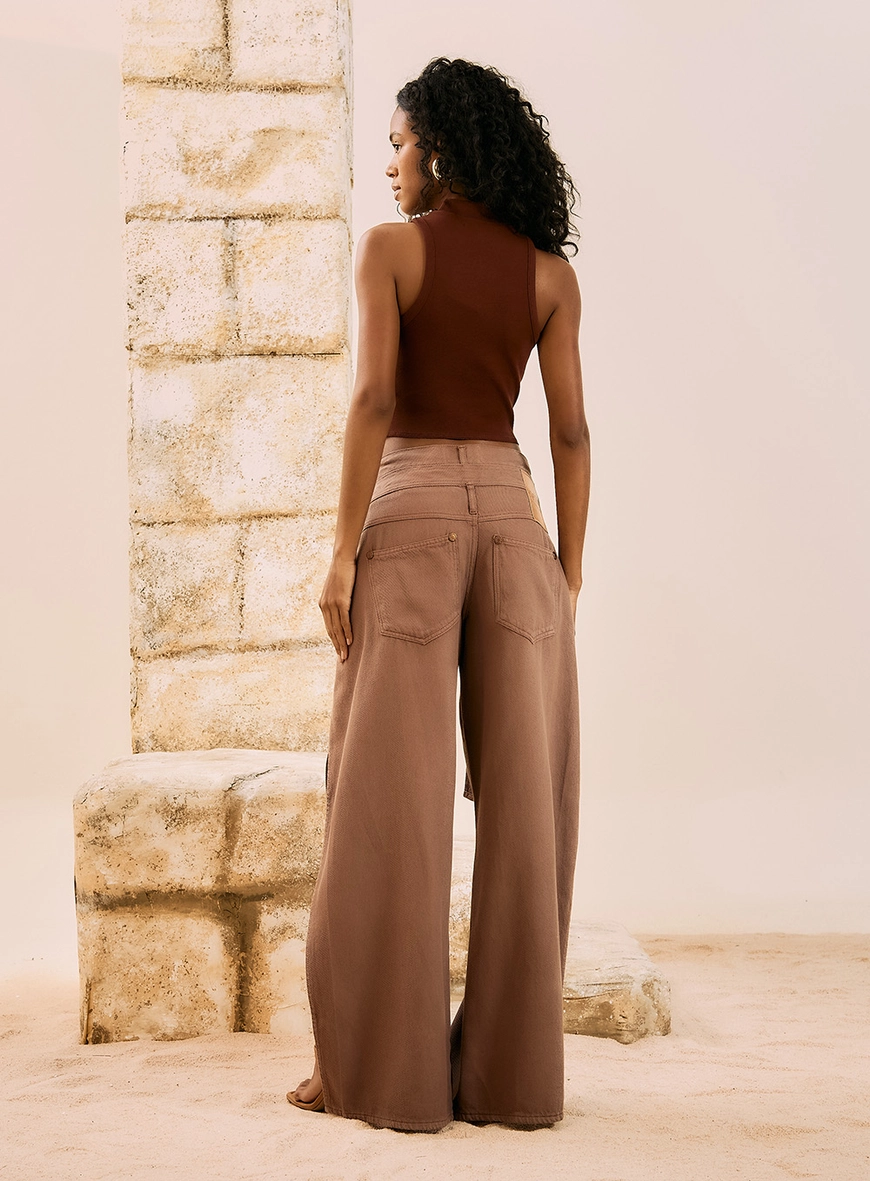Calça Sarja Wide Leg Sarja Com Cinto Marrom 3