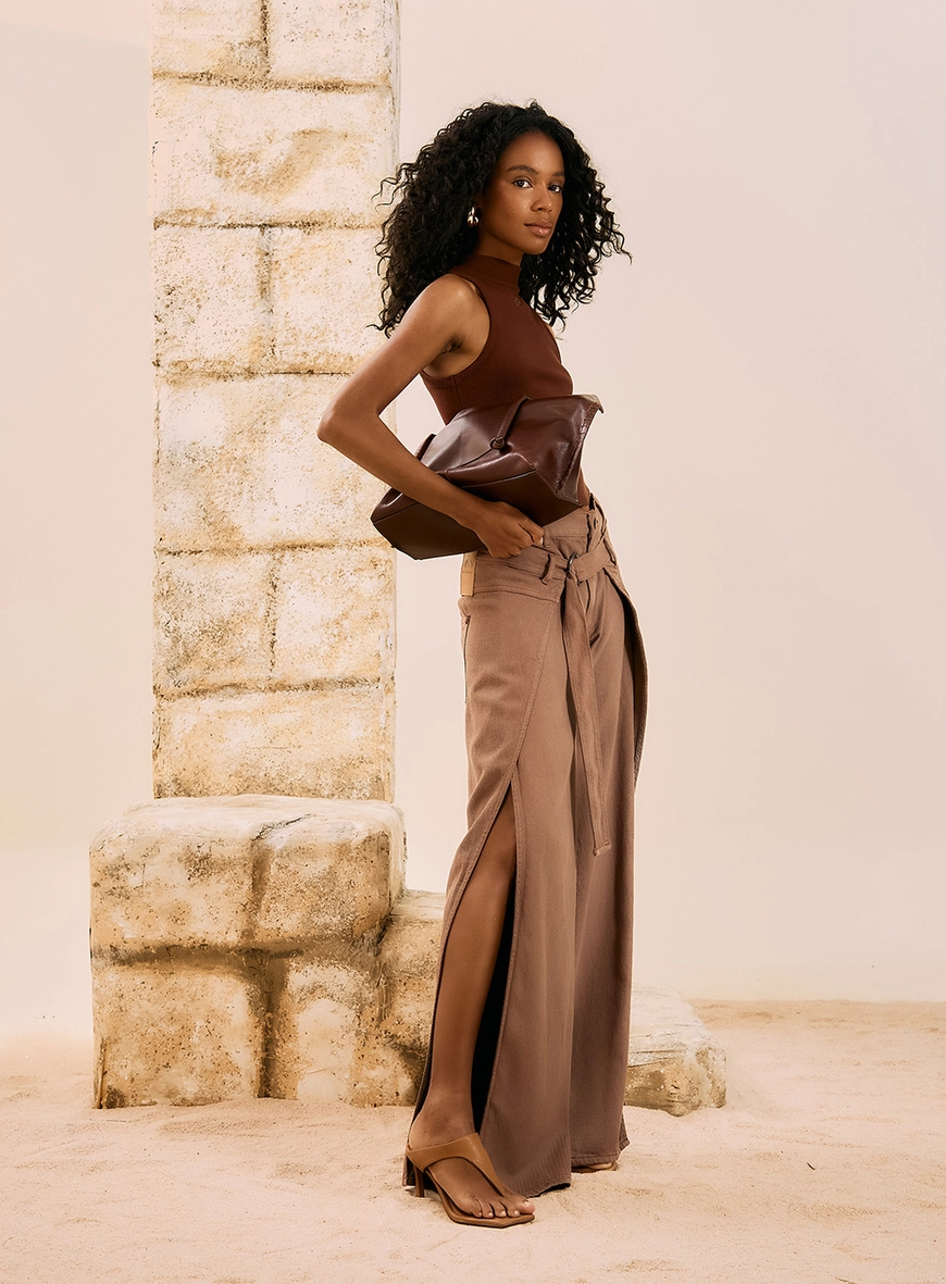 Calça Sarja Wide Leg Sarja Com Cinto Marrom 4