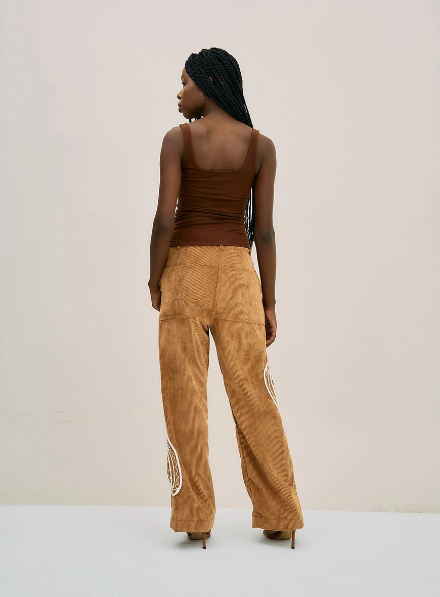 Calça Reta Em Veludo Paisley Amarelo 2