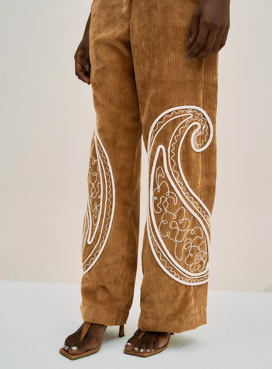Calça Reta Em Veludo Paisley Amarelo 3
