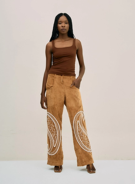 Calça Reta Em Veludo Paisley