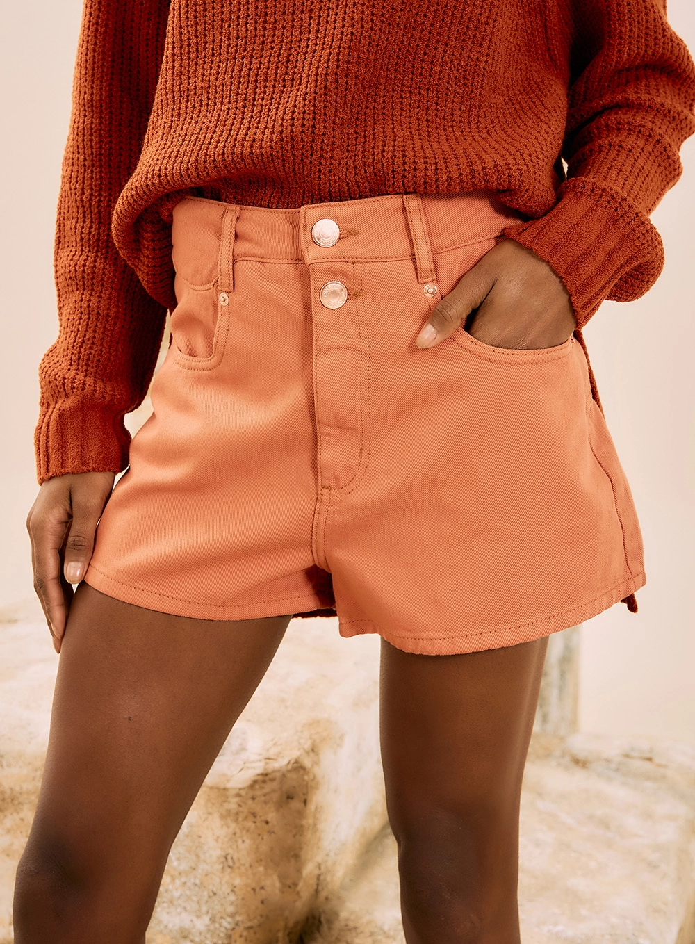 Short Jeans Cintura Alta Laranja 2