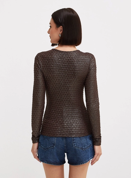 Blusa Justa Texturizada Manga Longa Com Decote V