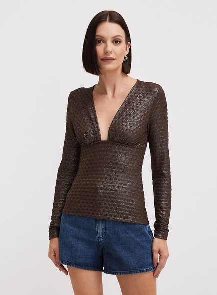 Blusa Justa Texturizada Manga Longa Com Decote V