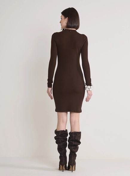 Vestido Curto Justo Canelado De Manga Longa
