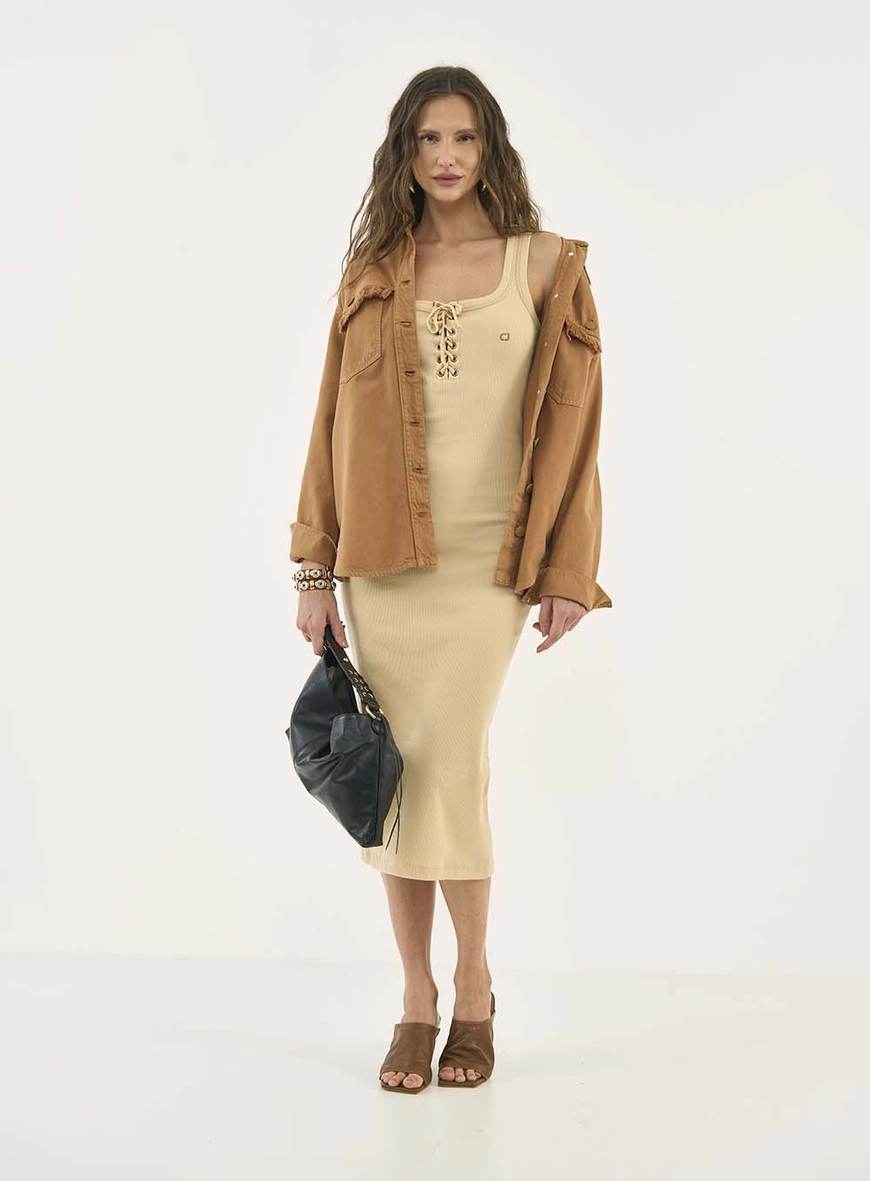 Vestido Midi Canelado Slim Com Amarração