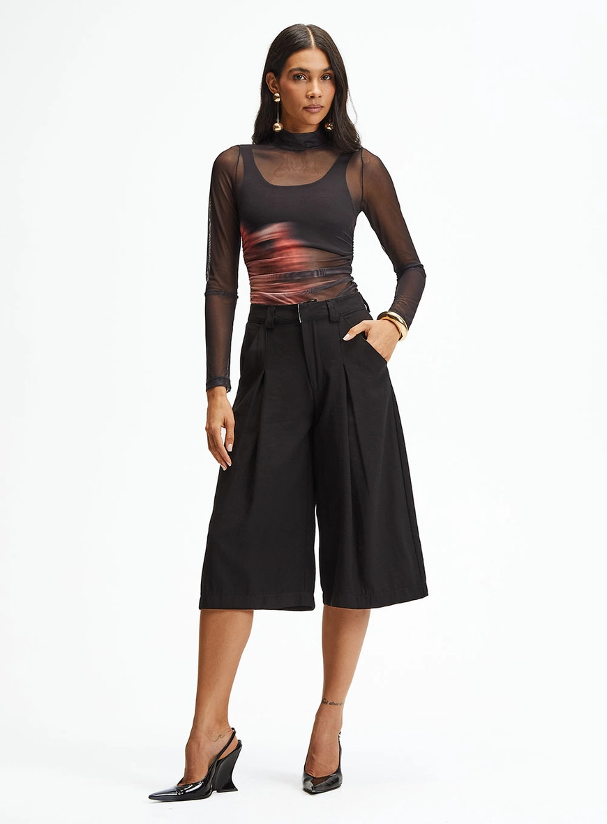 Blusa Slim Tule De Manga Longa Com Gola Alta Preto 5