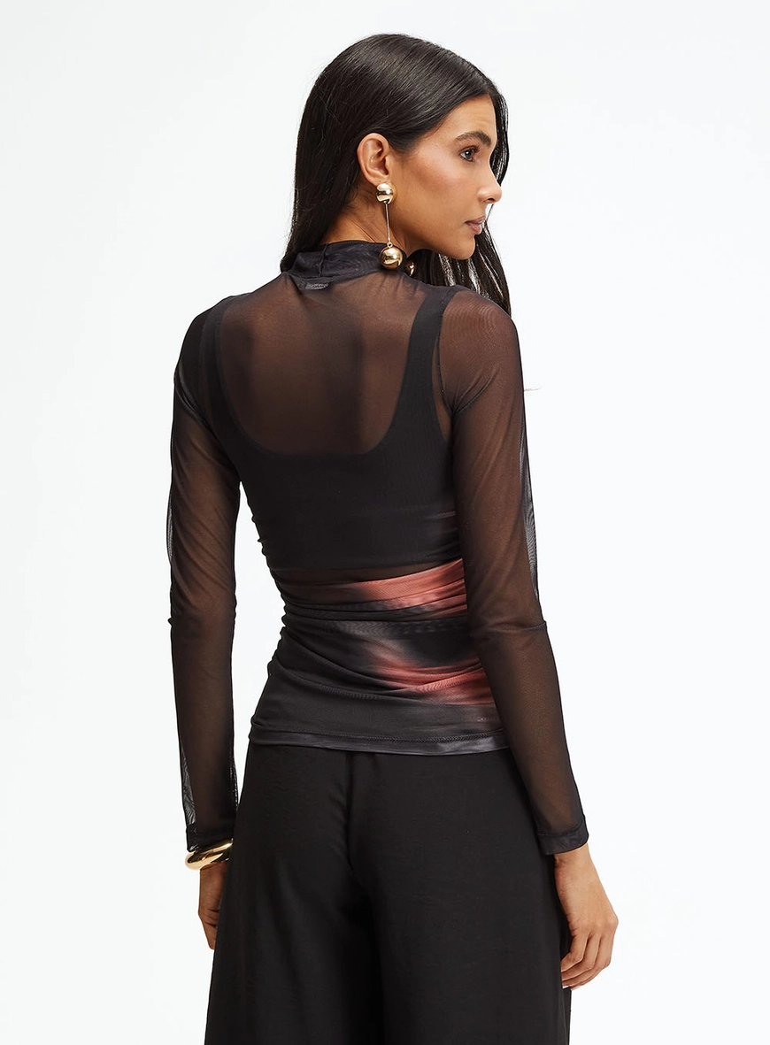 Blusa Slim Tule De Manga Longa Com Gola Alta Preto 2
