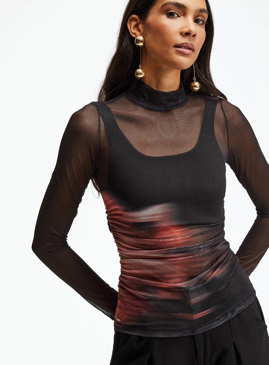 Blusa Slim Tule De Manga Longa Com Gola Alta Preto 4