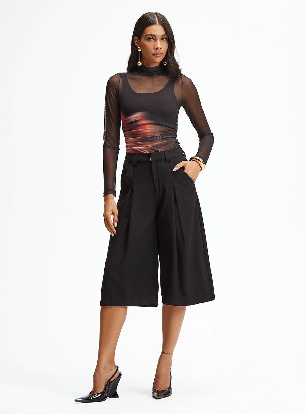 Blusa Slim Tule De Manga Longa Com Gola Alta Preto 5