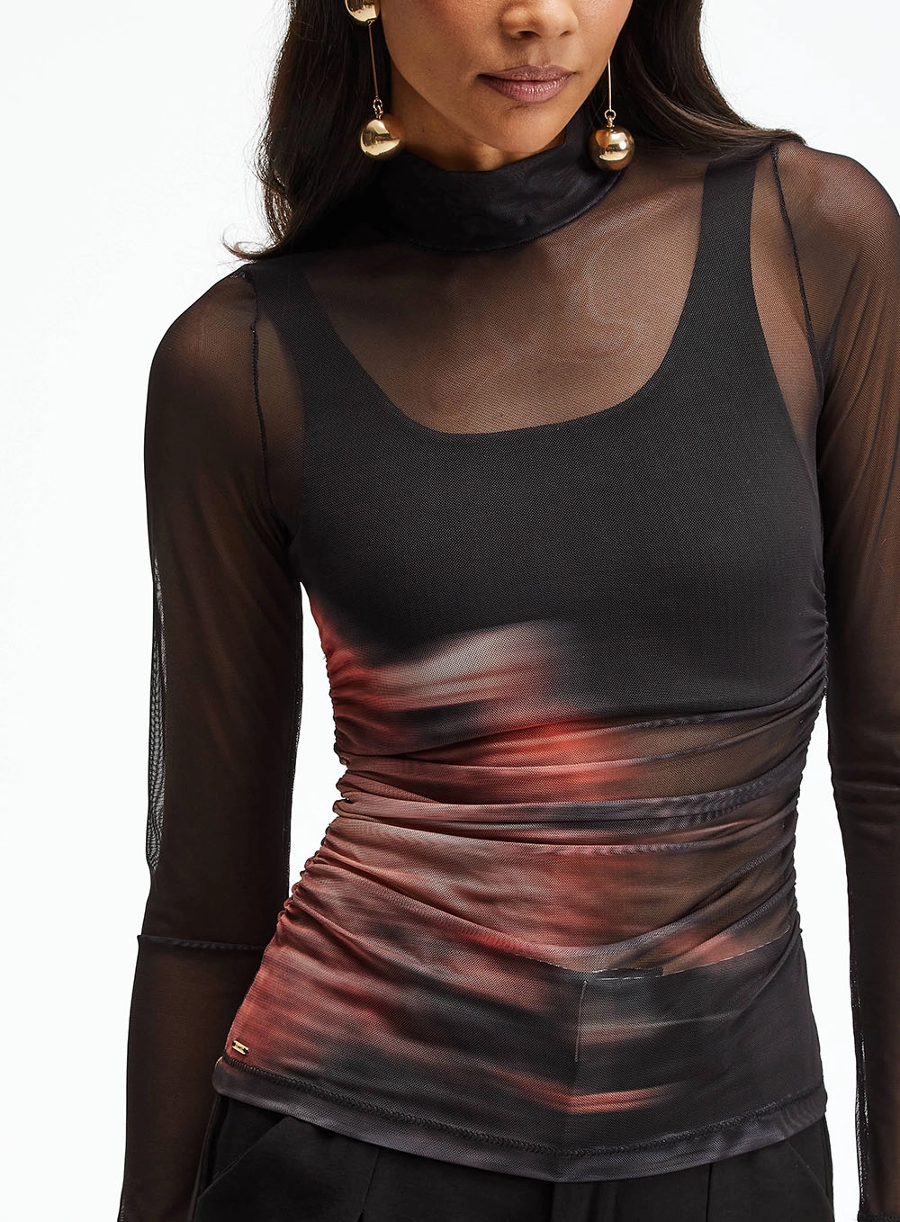 Blusa Slim Tule De Manga Longa Com Gola Alta Preto 3
