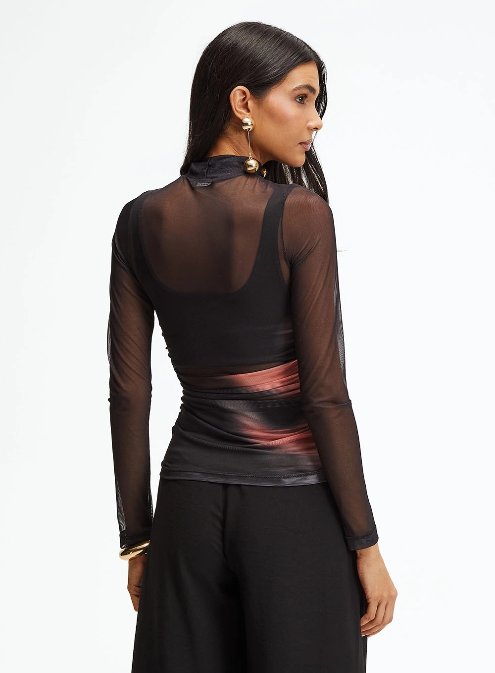 Blusa Slim Tule De Manga Longa Com Gola Alta Preto 2
