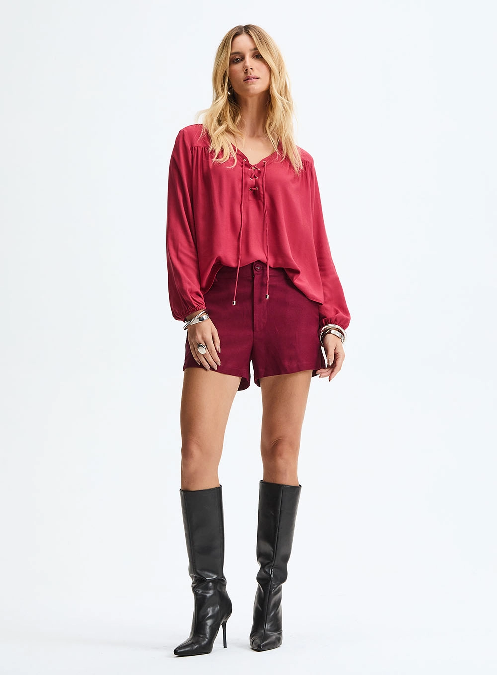 Blusa Oversized De Manga Longa Com Amarração Vermelho 4