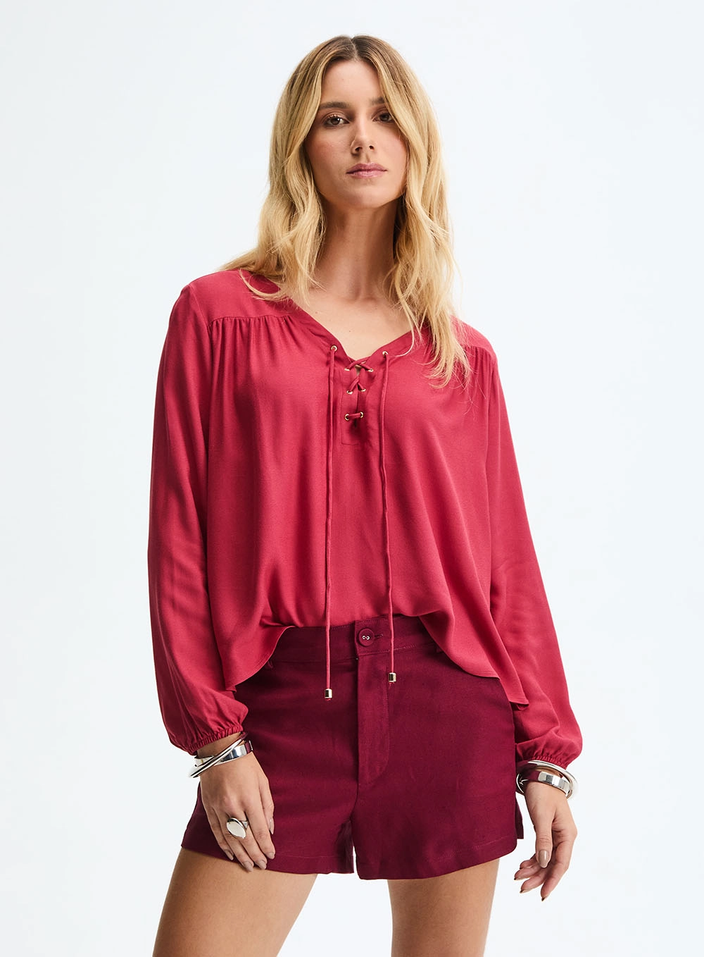 Blusa Oversized De Manga Longa Com Amarração Vermelho 1