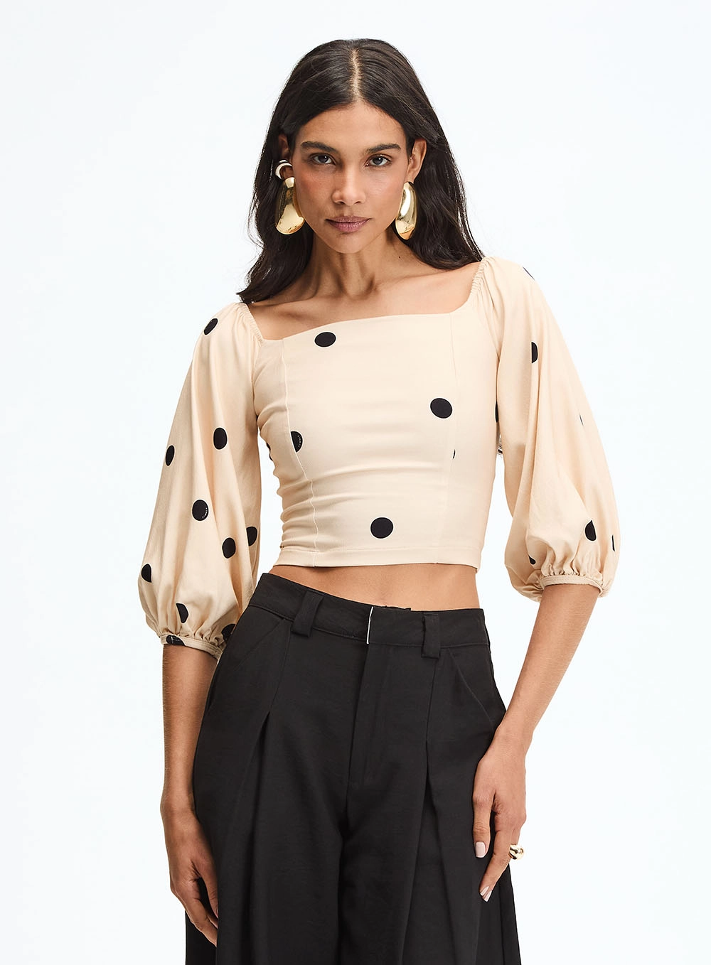 Blusa Estampada Lastex Slim Com Mangas Volumosas Estampados 2