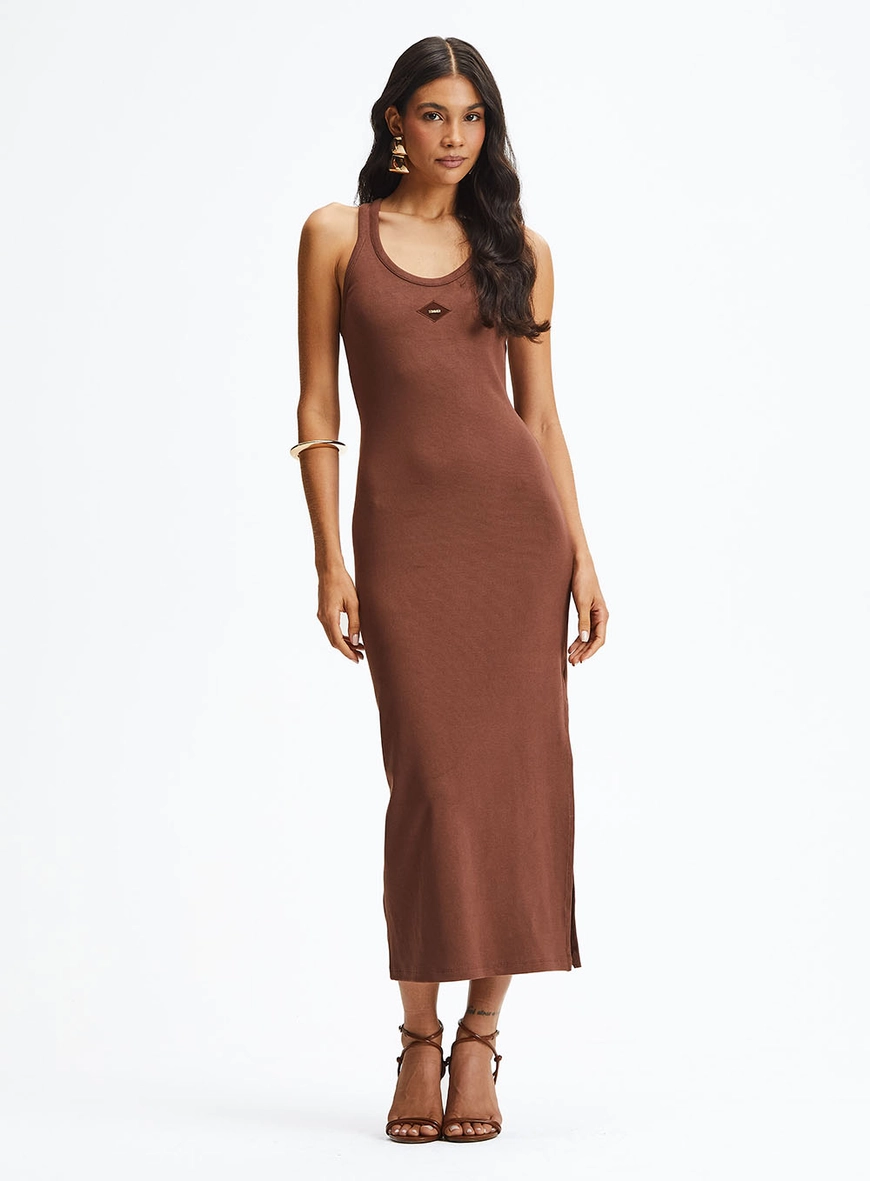 Vestido Midi Slim Com Fenda Lateral Marrom 2