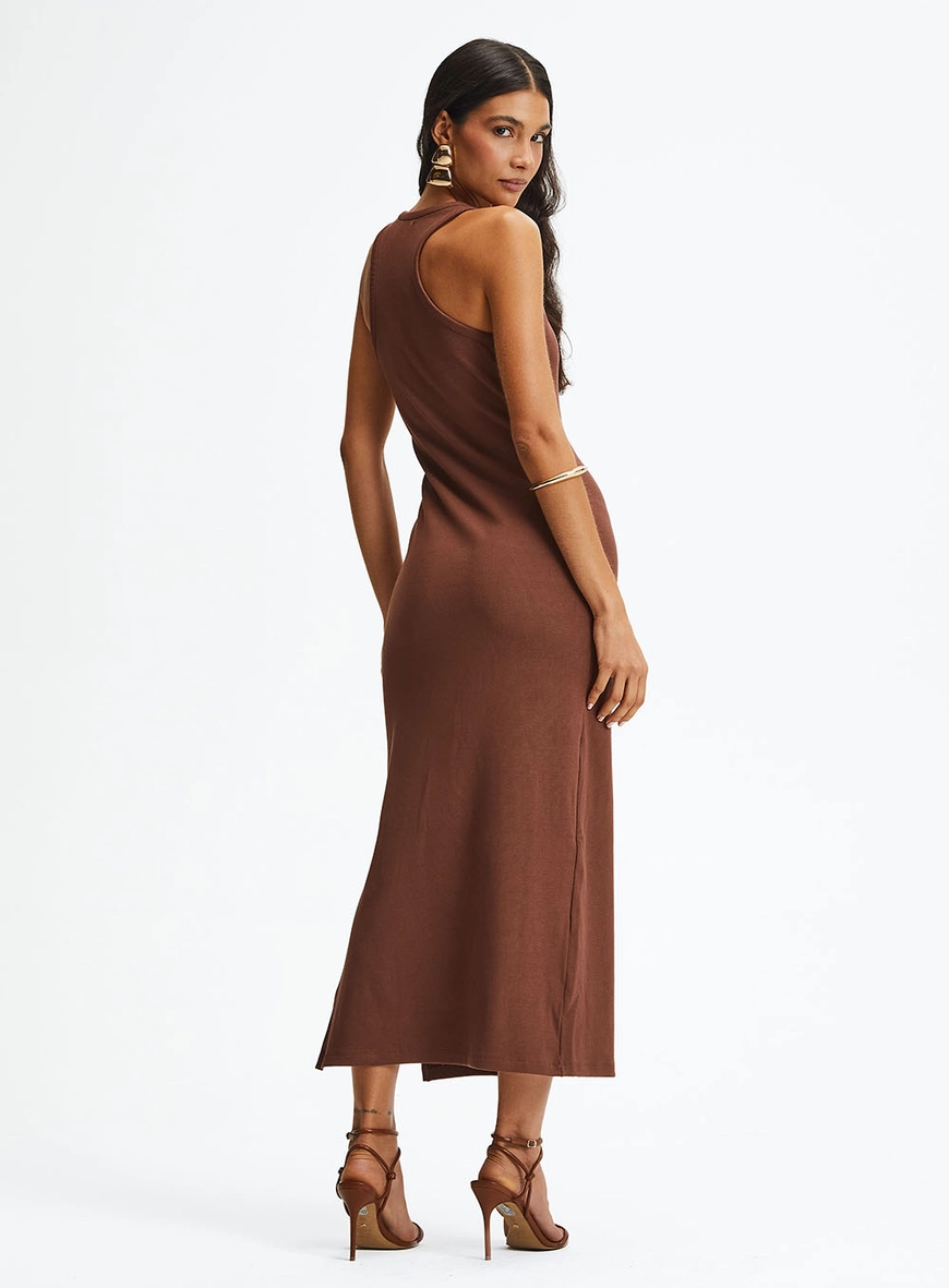 Vestido Midi Slim Com Fenda Lateral Marrom 4