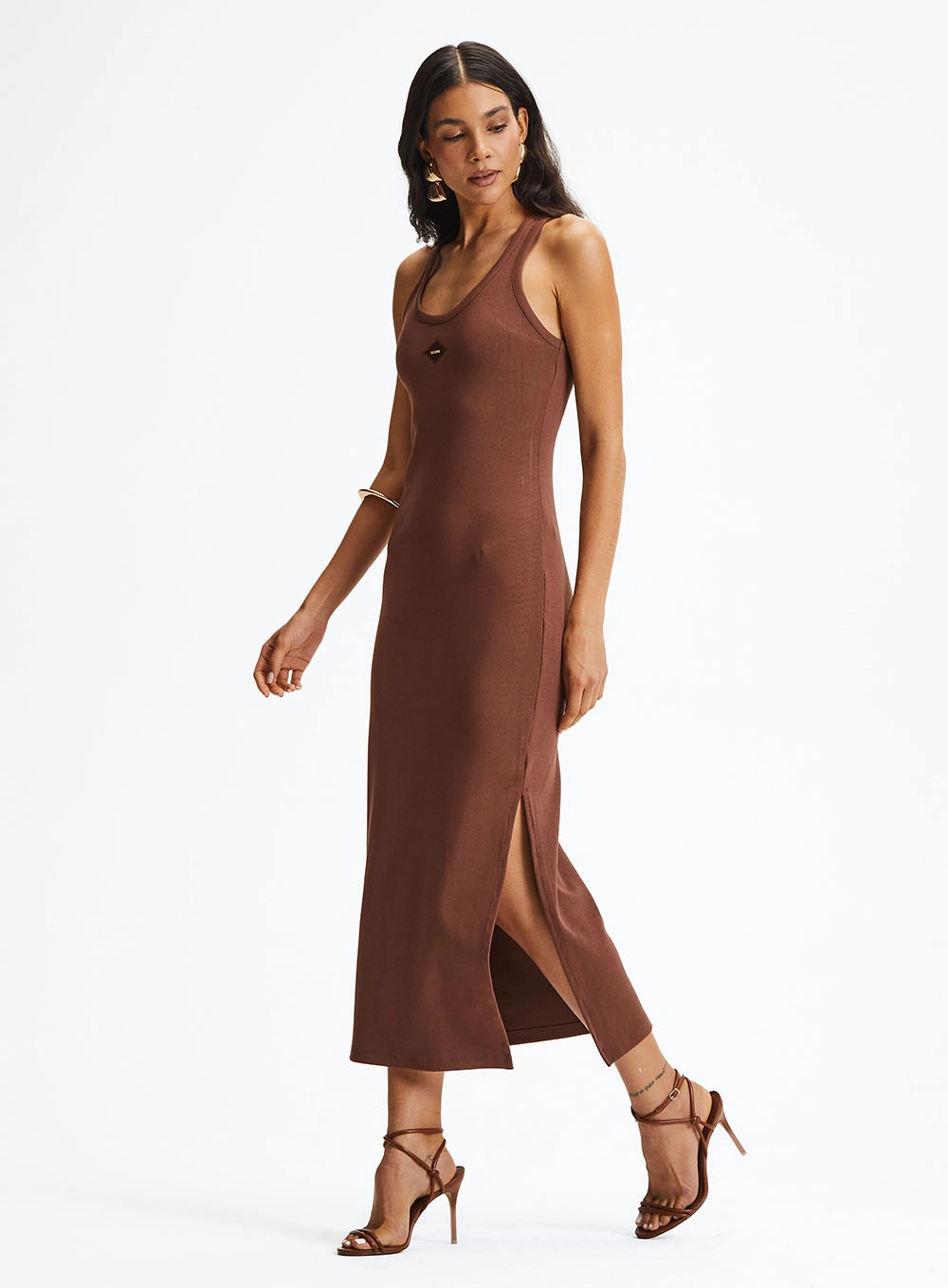 Vestido Midi Slim Com Fenda Lateral Marrom 1
