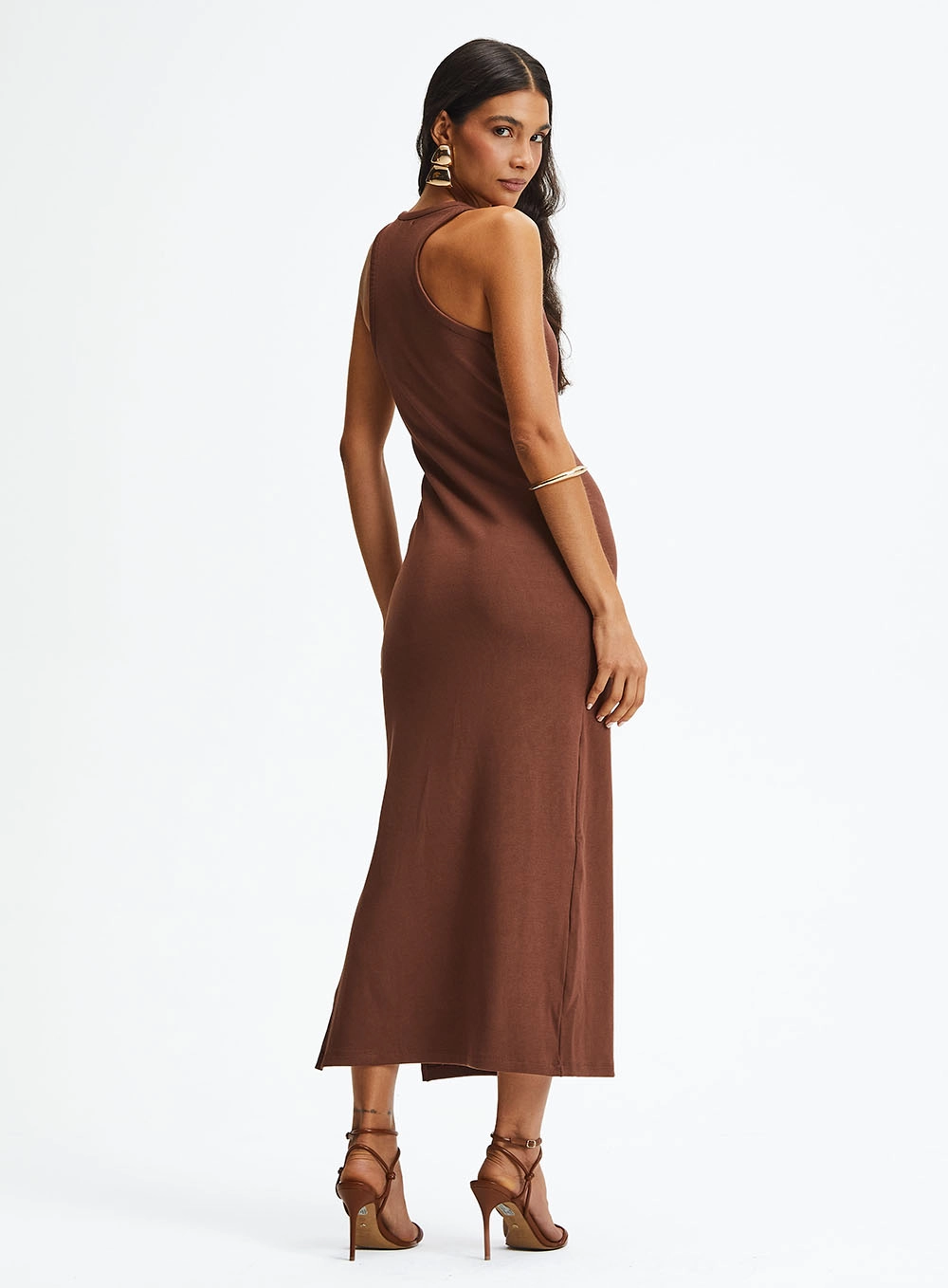 Vestido Midi Slim Com Fenda Lateral Marrom 4