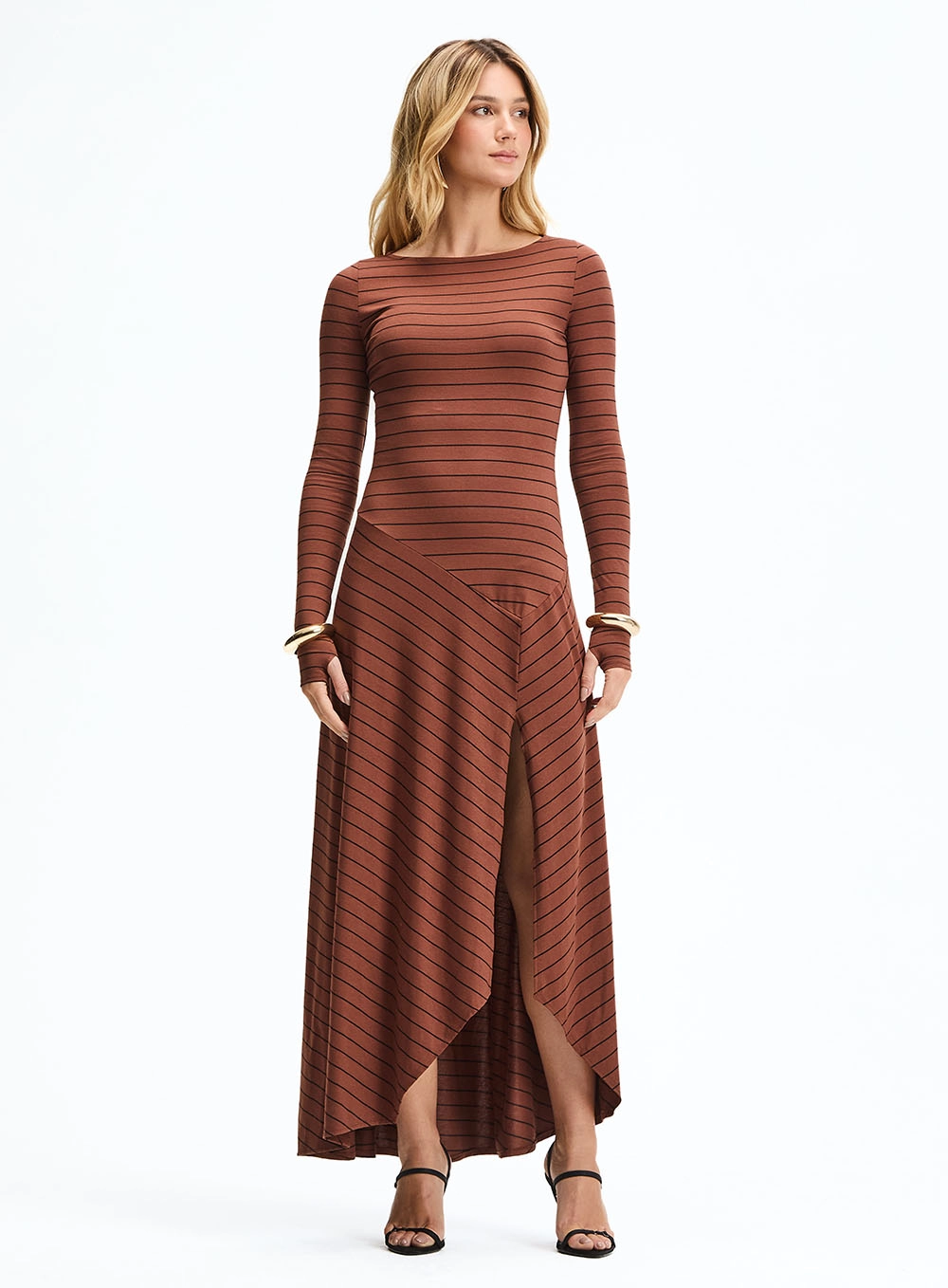 Vestido Longo Fashion Listrado Com Fenda Estampados 2