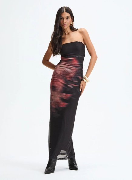 Vestido Tule Longo Slim Estampado