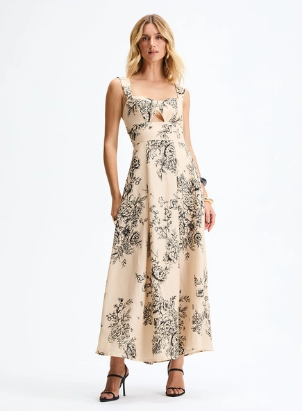 Vestido Longo Godê Estampado Com Decote Reto