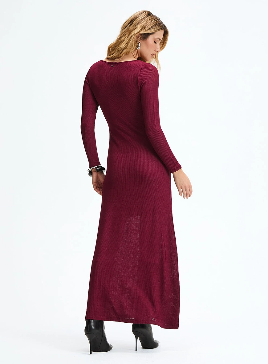 Vestido Longo Evasê Com Decote Arredondado Bordô 4
