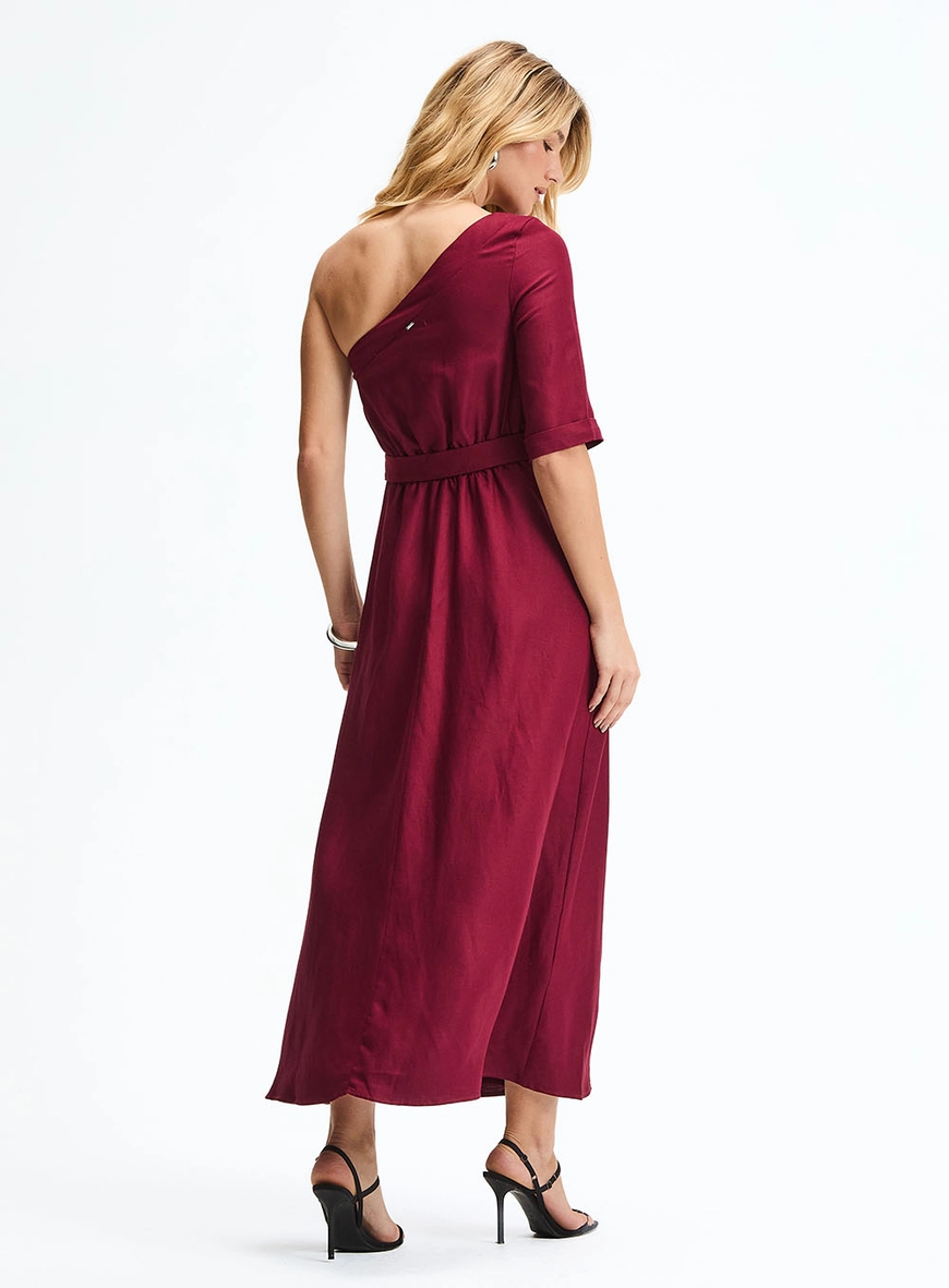 Vestido Midi Godê Com Decote Assimétrico Bordô 4