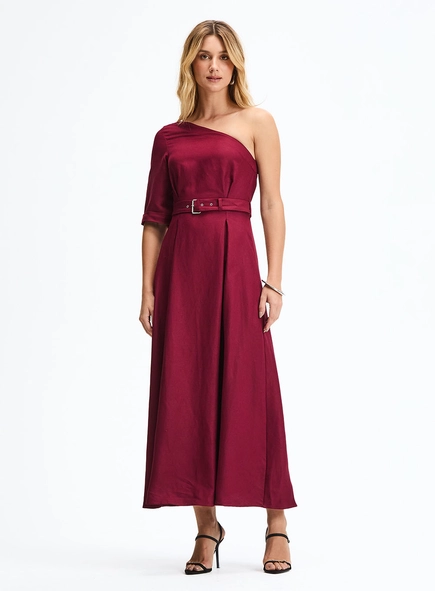 Vestido Midi Godê Com Decote Assimétrico