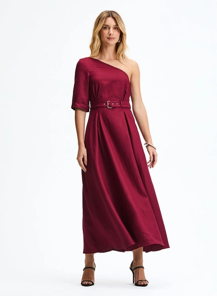 Vestido Midi Godê Com Decote Assimétrico