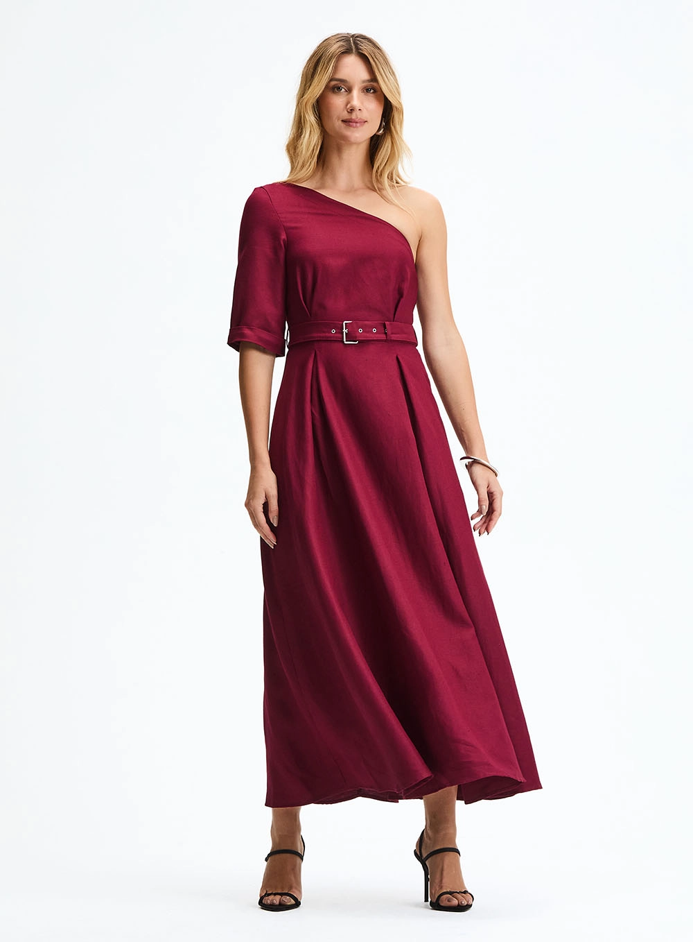 Vestido Midi Godê Com Decote Assimétrico Bordô 1