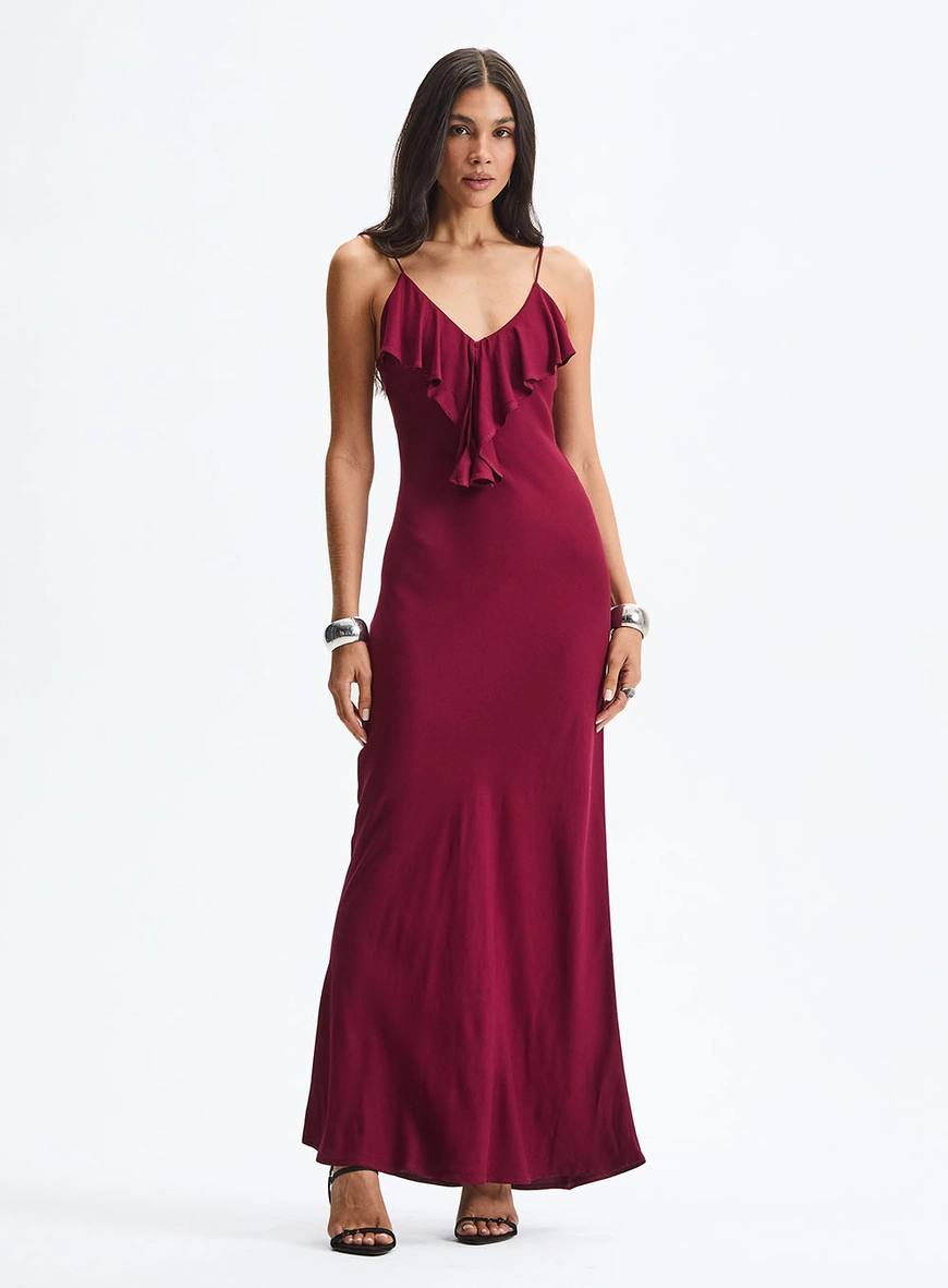 Vestido Longo Evasê Decote V Com Babados Bordô 2