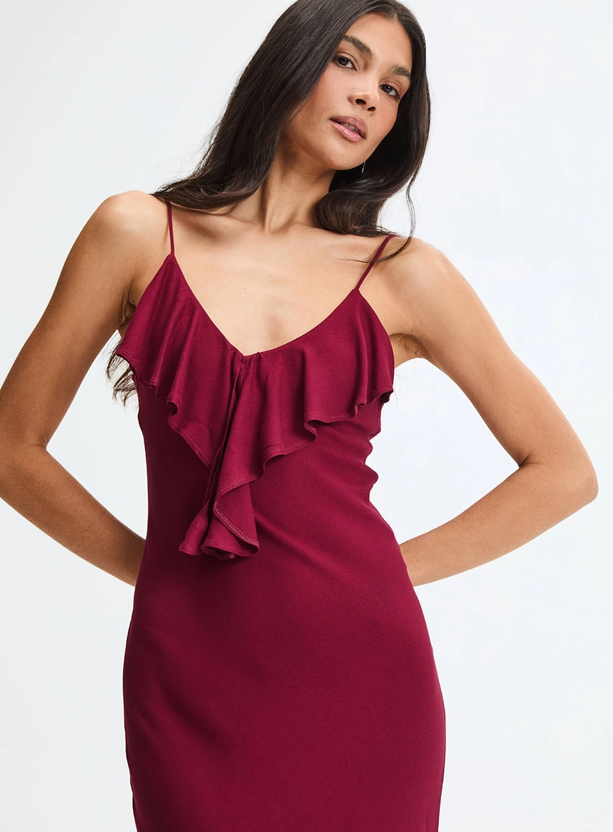 Vestido Longo Evasê Decote V Com Babados Bordô 3