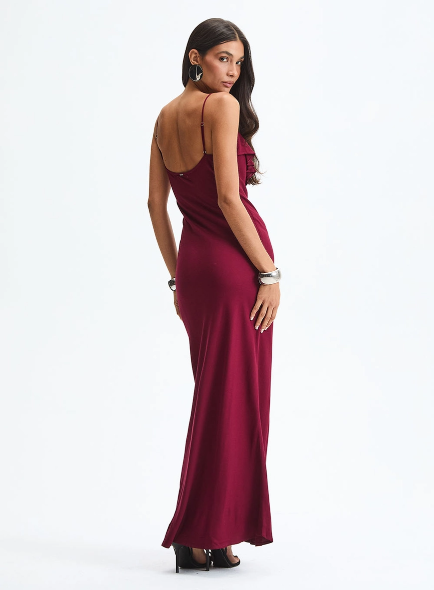 Vestido Longo Evasê Decote V Com Babados Bordô 4