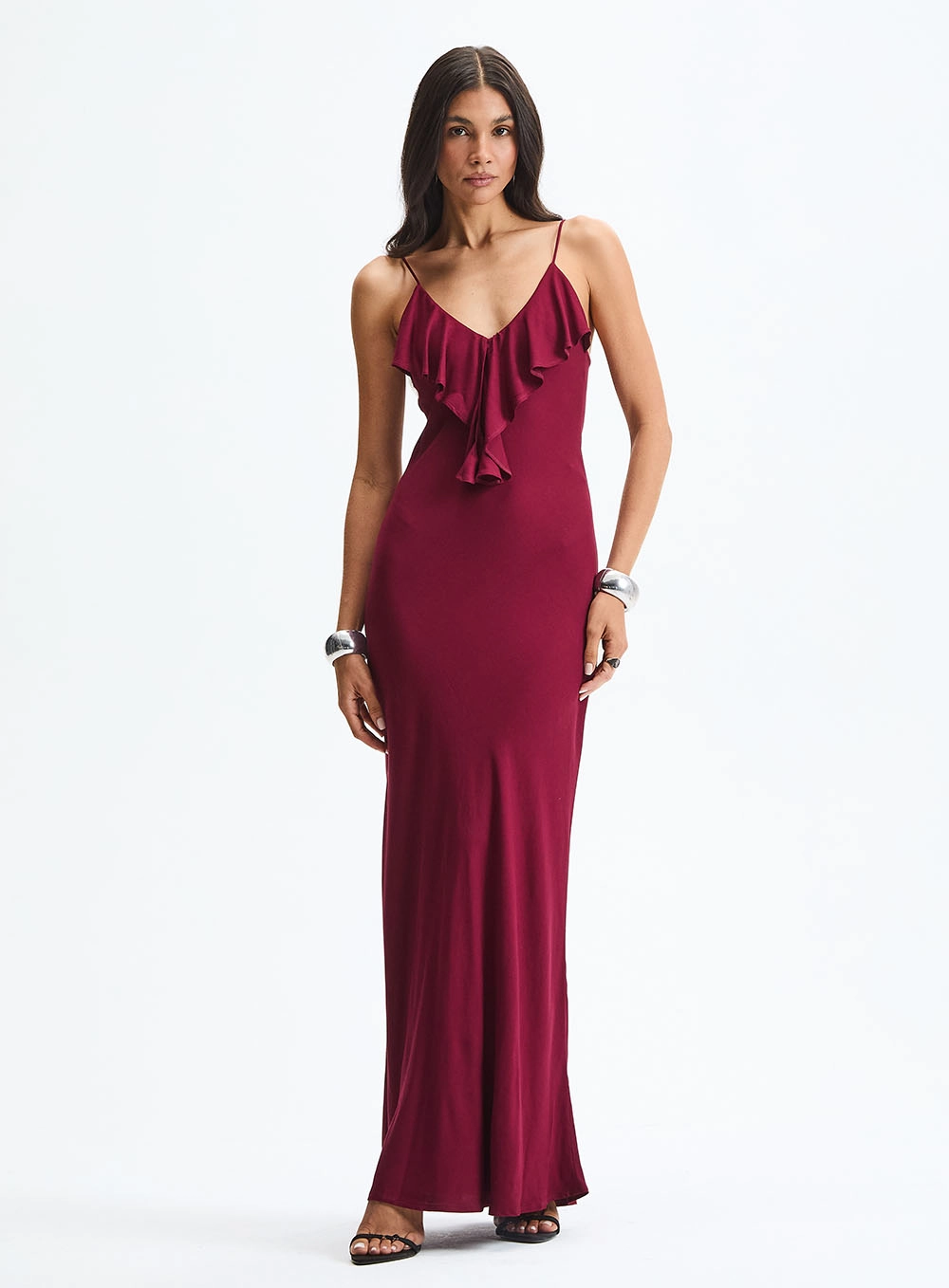 Vestido Longo Evasê Decote V Com Babados Bordô 1